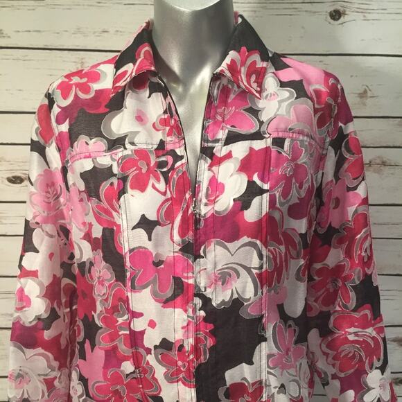 Lightweight Semi-Sheer Floral Zip Jacket Petite Med PM Pink Black White - Picture 3 of 8